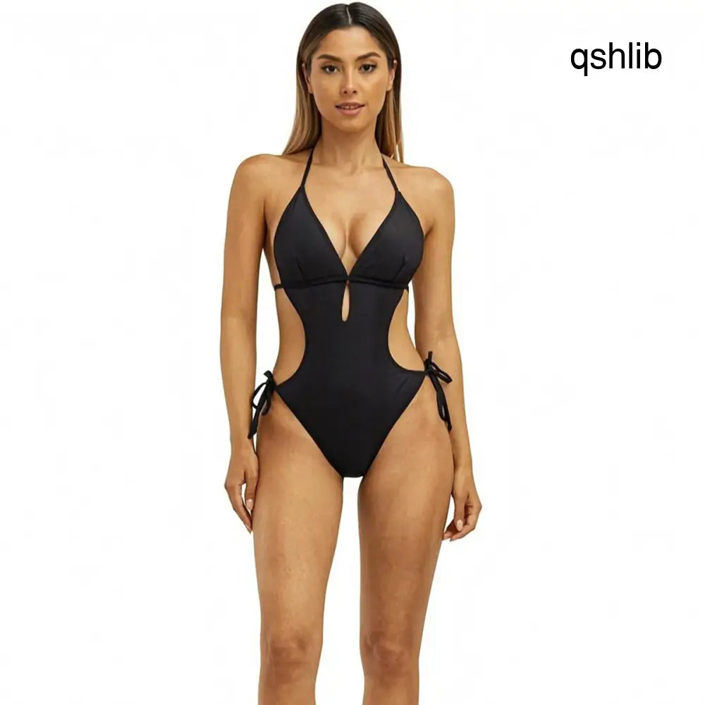 Women Halter Cutout One Piece Swimsuit Deep V Keyhole Side Cut Out Adjustable Tie High Cut Bathing Suit Black Slim