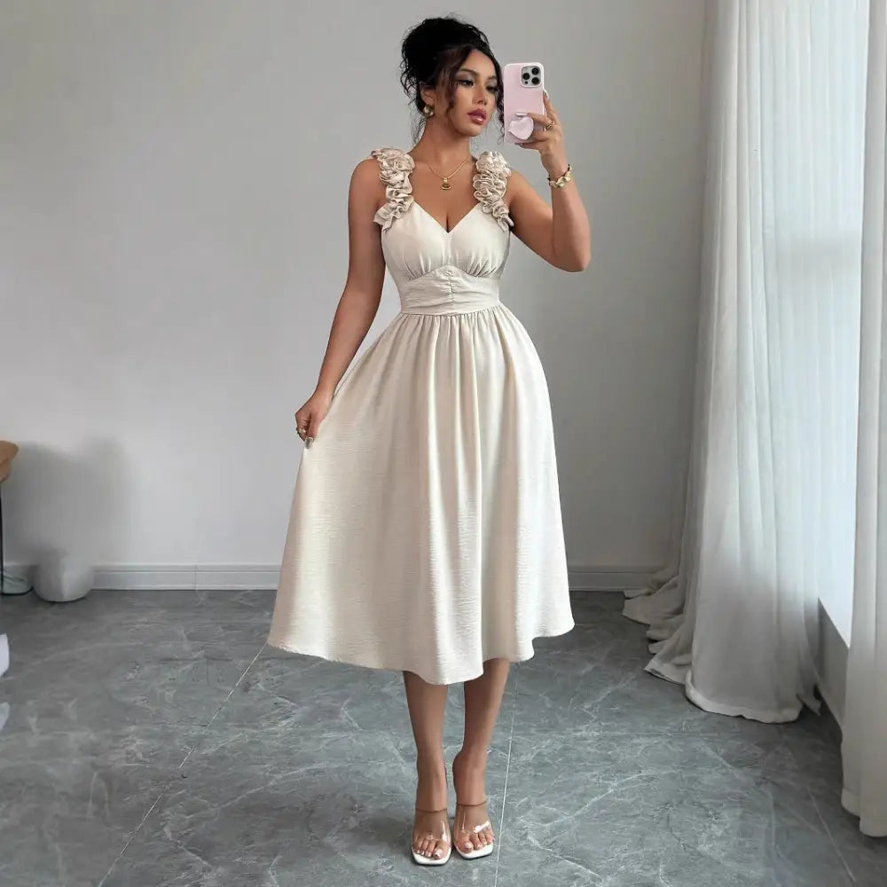 Women’s Beige Textured Midi Dress - dress