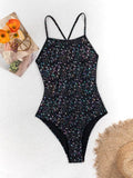Women’s Black Holographic Sparkle One-Piece Swimsuit Crisscross Back Strappy Bathing Suit - L - swimwear