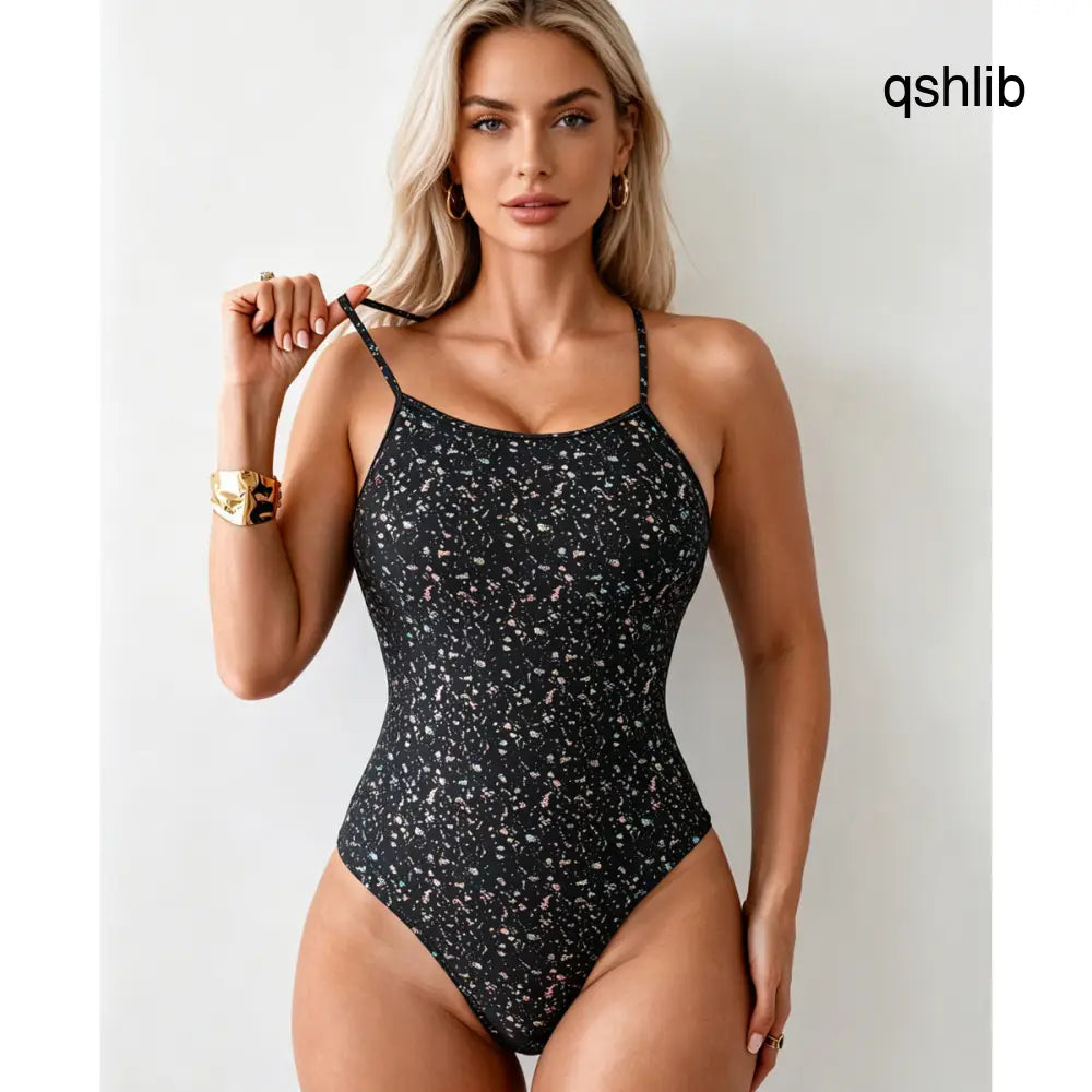 Women’s Black Holographic Sparkle One-Piece Swimsuit Crisscross Back Strappy Bathing Suit - swimwear
