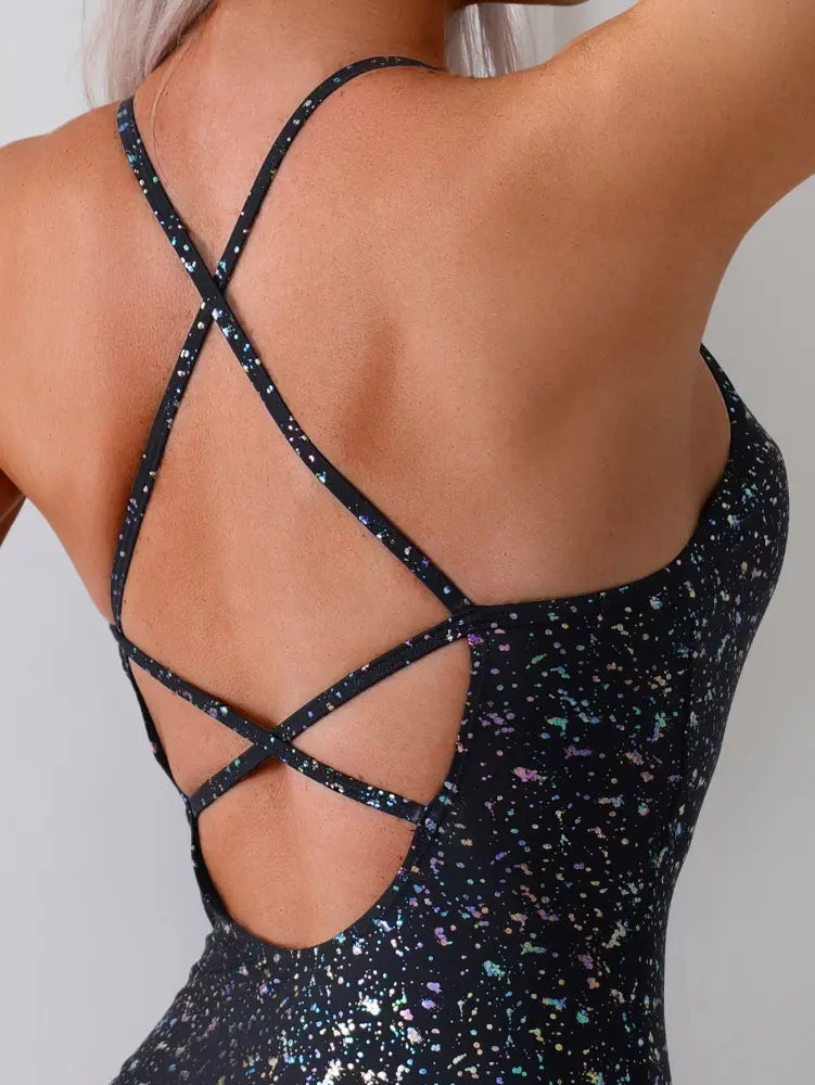 Women’s Black Holographic Sparkle One-Piece Swimsuit Crisscross Back Strappy Bathing Suit - swimwear