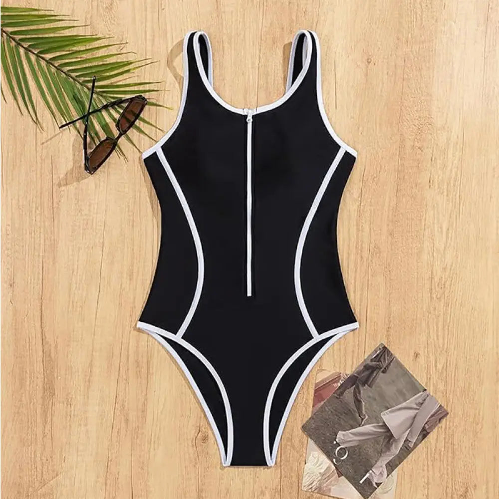 Women’s Black One-Piece Swimsuit With White Contrast Trim Zip-Front Sporty Bathing Suit Racerback - 2XL - swimwear