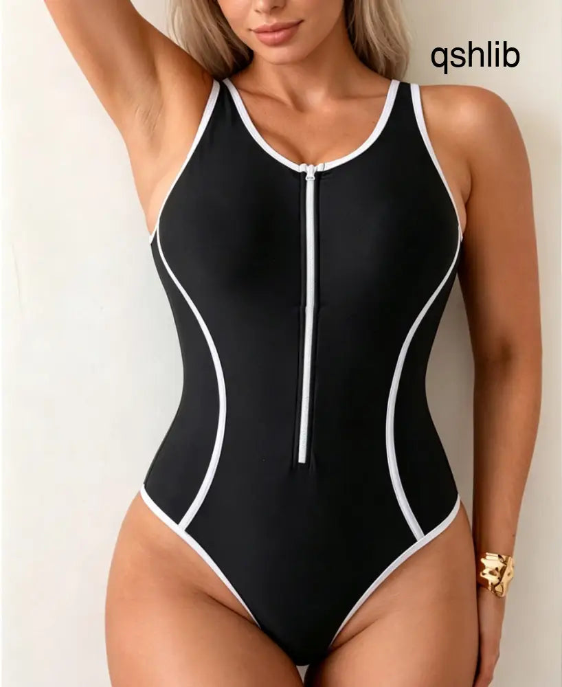 Women’s Black One-Piece Swimsuit With White Contrast Trim Zip-Front Sporty Bathing Suit Racerback - swimwear