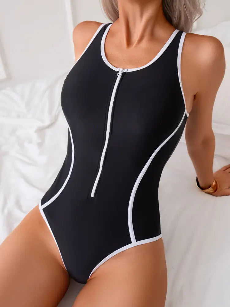 Women’s Black One-Piece Swimsuit With White Contrast Trim Zip-Front Sporty Bathing Suit Racerback - swimwear