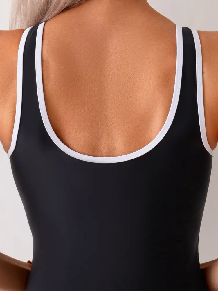 Women’s Black One-Piece Swimsuit With White Contrast Trim Zip-Front Sporty Bathing Suit Racerback - swimwear