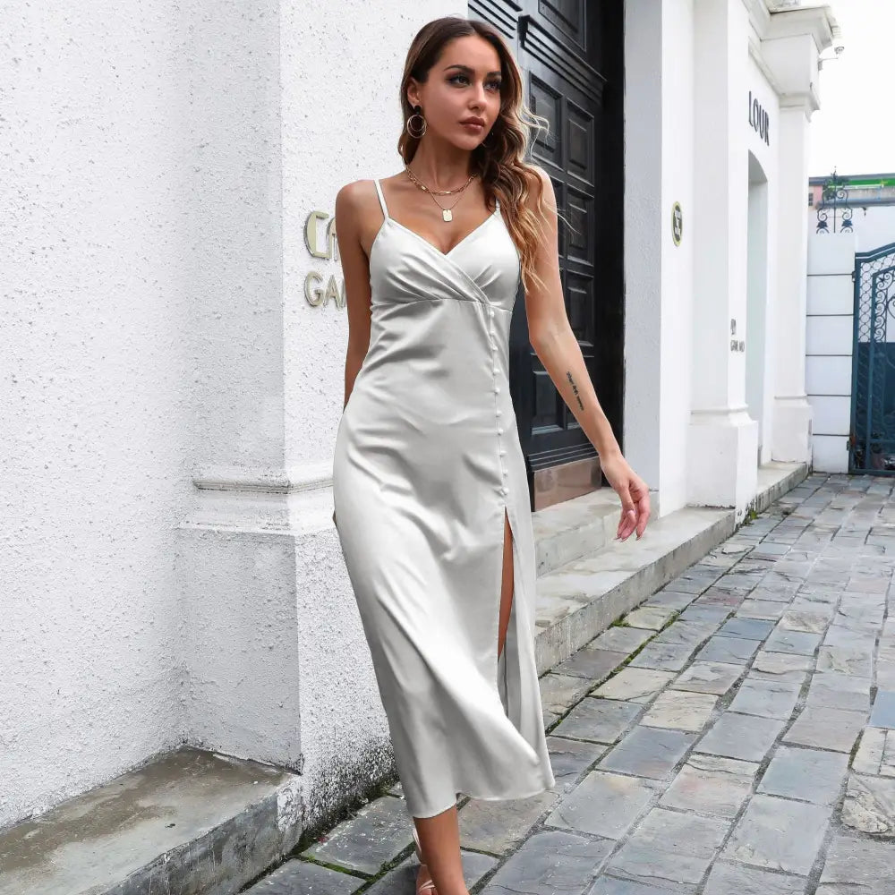 Women’s Breasted Satin V-neck Backless Midi Dress - Light Gray / L - dress