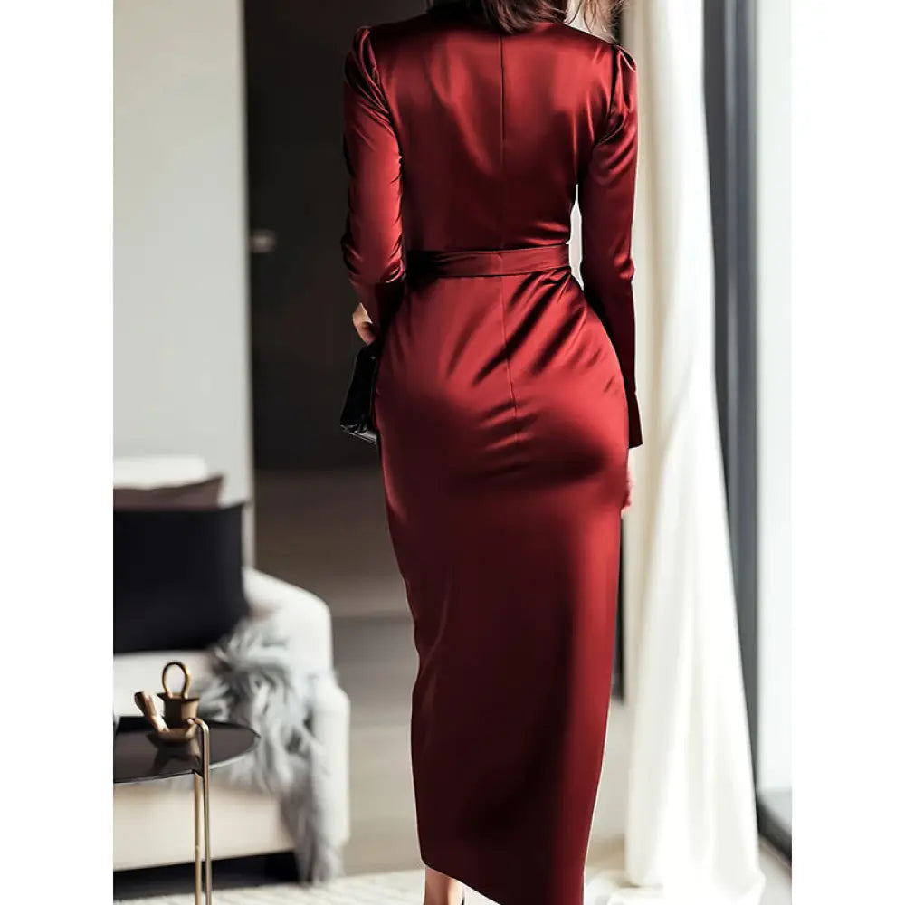 Women’s Burgundy Satin Midi Dress - dress
