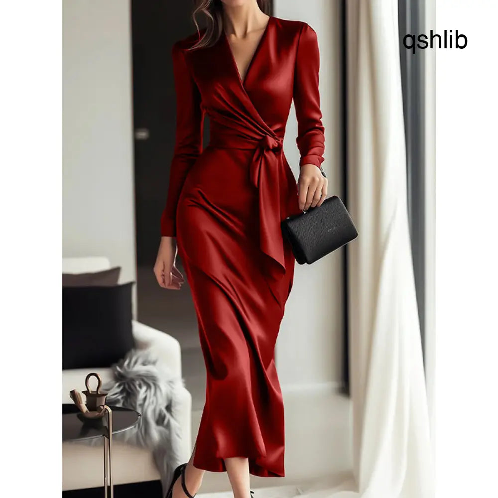 Women’s Burgundy Satin Midi Dress - dress