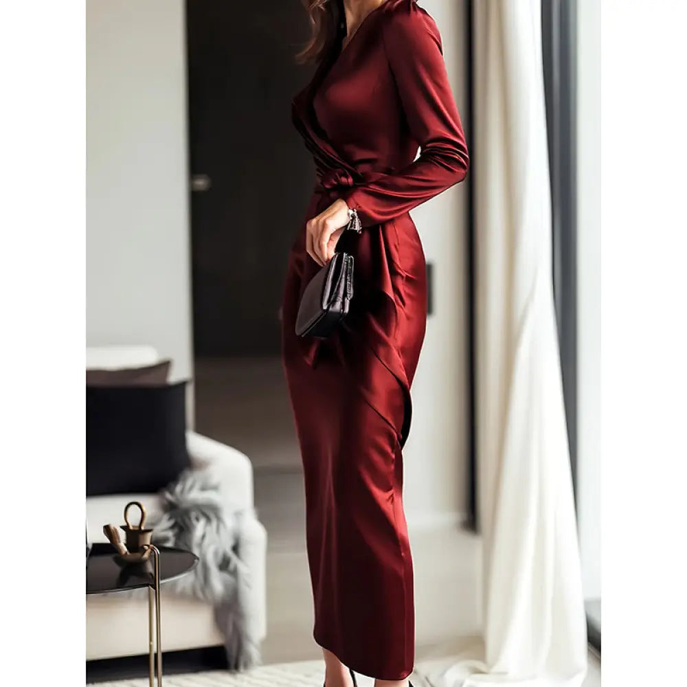 Women’s Burgundy Satin Midi Dress - dress