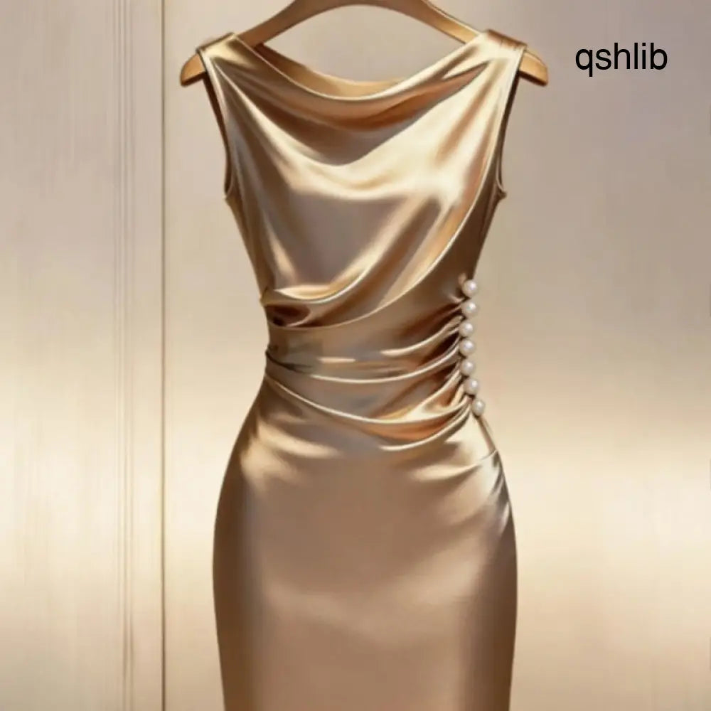 Womens Satin Sleeveless Slim-fit Midi Dress - dress