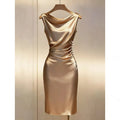 Womens Satin Sleeveless Slim-fit Midi Dress - Khaki / L - dress