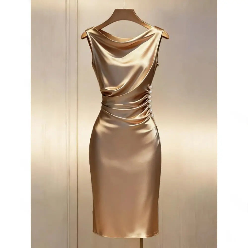 Womens Satin Sleeveless Slim-fit Midi Dress - Khaki / L - dress